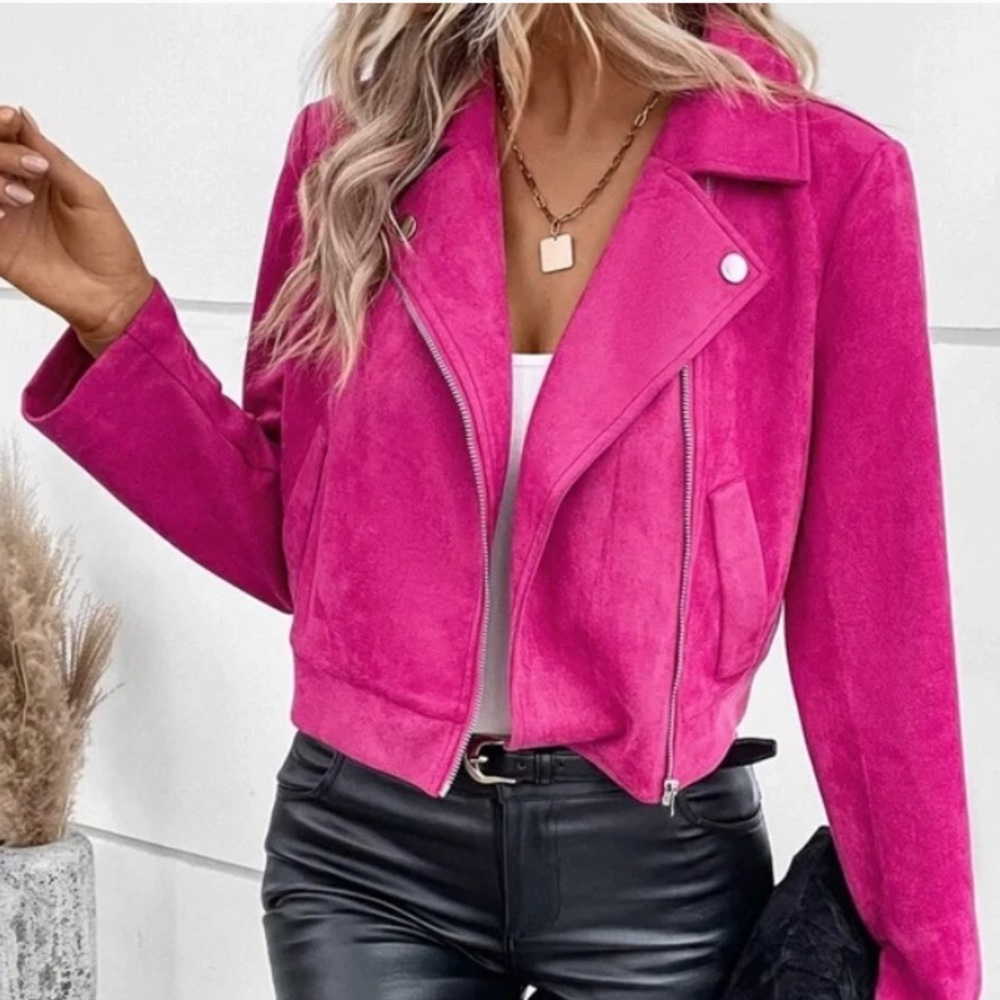 Luxe Hot Pink Zipper Vegan Suede Moto Biker Jacket
